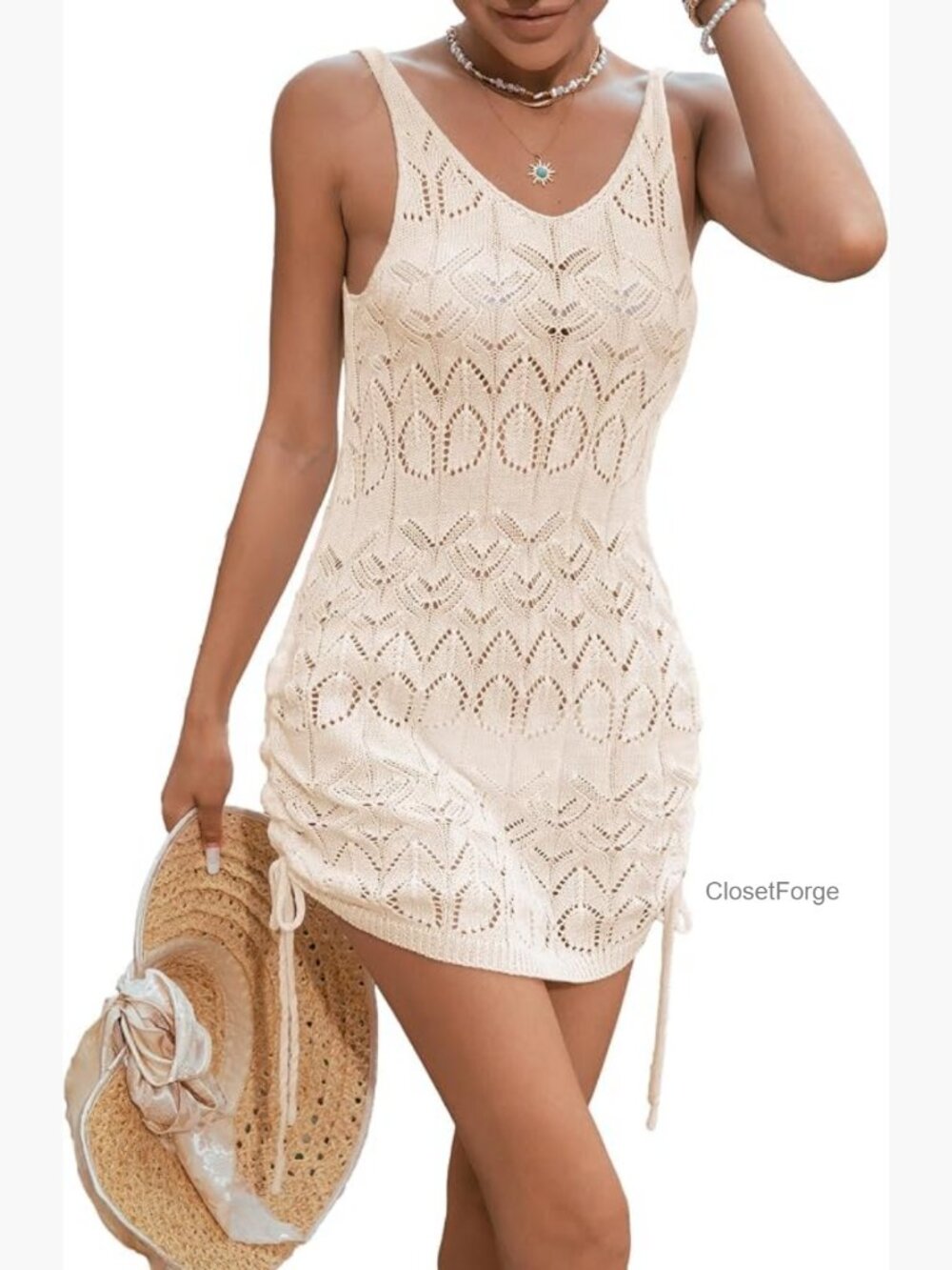 Crochet Knit Drawstring Beach Coverup Dress Backless V Neck Sleeveless Swim